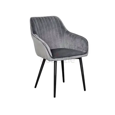 Modern Light Grey Velvet Armchair, Vertical Tufted Back, Black Metal Legs Stylish Dining/Living room