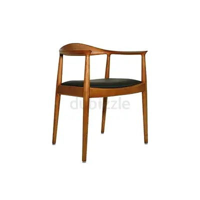 Classic Solid Wood Armchair with Black Leather Seat, Modern Minimalist Dining/Living Room Chair