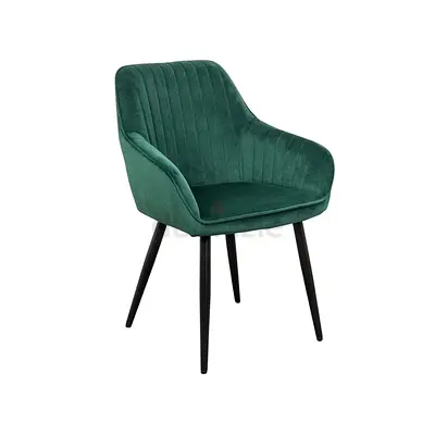 Modern Green Velvet Armchair, Vertical Tufted Back, Black Metal Legs Stylish Dining/Living room