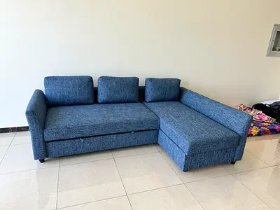 Ikea holmsund l shape sofa bed with storage blue