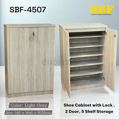 Stylish Light Grey Shoe Cabinet with Lock – 2 Door, 5 Shelf Storage