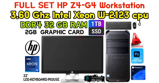 FULL SET HP Z4-G4 Workstation-1 TB SSD-Intel Xeon W2123 3.60GHZ 8 THREADS-22” SCREEN-32GB RAM-WIN 11