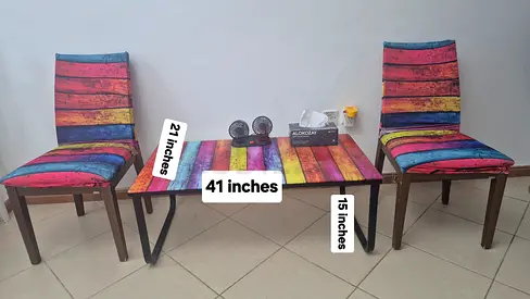 Vibrant Colorful coffee Set with heavy n sturdy Chairs with covers for Sale. Dimensions: 41x21x15 in