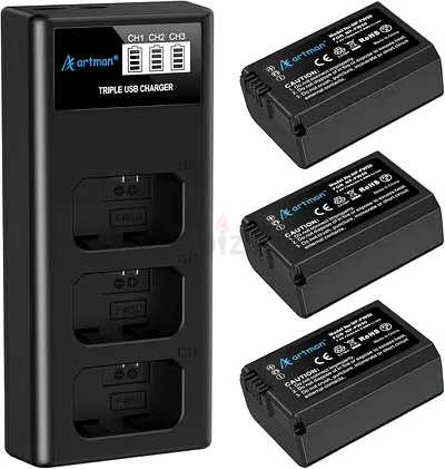 Artman NP-FW50 Battery 2-Pack and Upgraded 3-Slot ZV-E10 Battery LCD Charger for Sony ZV E10, Alpha
