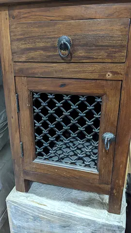 Charming Wooden Side Table with Decorative Metal Grille