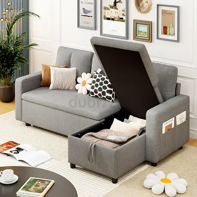 L-Shaped Sectional Sofa Cum Bed, 3-Seat Fabric Convertible Couch with Storage, Pull Out Bed, Grey