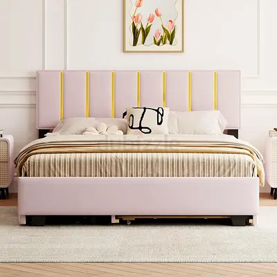 Luxury Velvet Upholstered Bed with 2 Drawers and Trundle Bed, Queen Size Platform Bed Frame