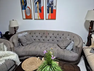 Elegant Grey Curved Sofa with Plush Cushions