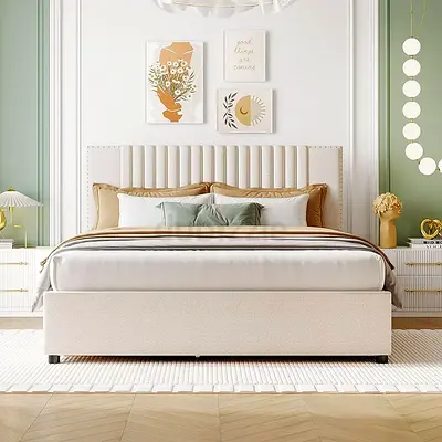 Queen Size Upholstered Platform Bed with Twin XL Trundle and 2 Drawers, Linen Soft Covered Platform