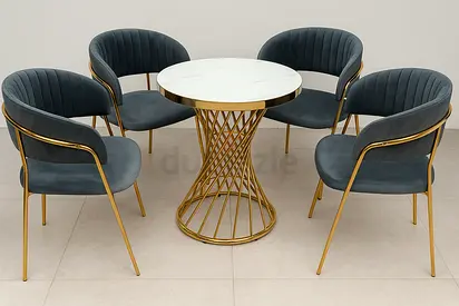 Luxury 4 seater dining table set - Soft Grey Velvet Chair with round marble top table