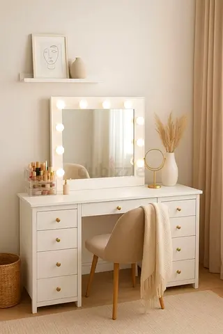 Elegant White Dressing Table with Hollywood Style Mirror
