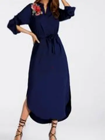 Elegant Navy Blue Long Dress with Floral Embroidery