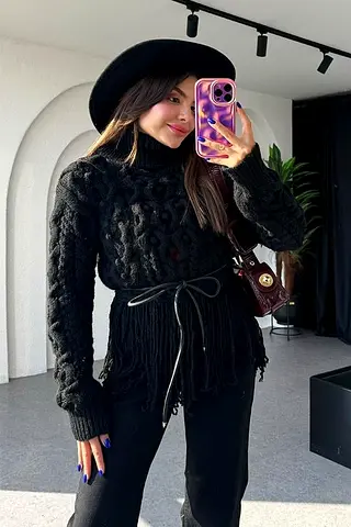 Black Zara Fringed Knit Sweater