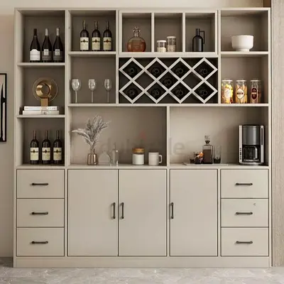 Stylish Grey Cabinet with Wine Rack and Open Shelves