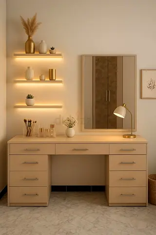 Stylish Beige Vanity Table with Mirror and LED Shelves