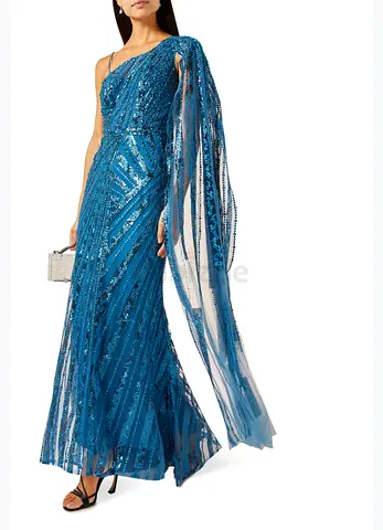Stunning Blue Evening Gown with Sequin Details perfect for wedding guest size 36
