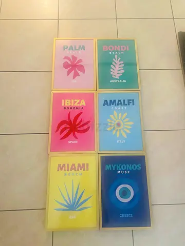 Vibrant Travel Destination Posters Collection x6 gold frames with Colourful travel prints.