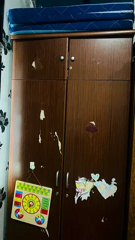 Sturdy Wooden Wardrobe, bed with mattress and curdle