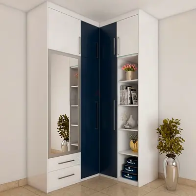 Modern 4-Door Corner Wardrobe with Mirror  Shelves – Space-Saving Elegance!