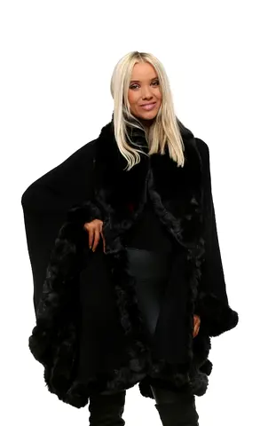 Brand New Black Tricot Fabric Faux Fur Shawl Cape