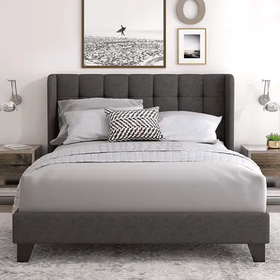 Platform Bed Frame with Wingback Headboard, Dark Grey - No Box Spring Required |