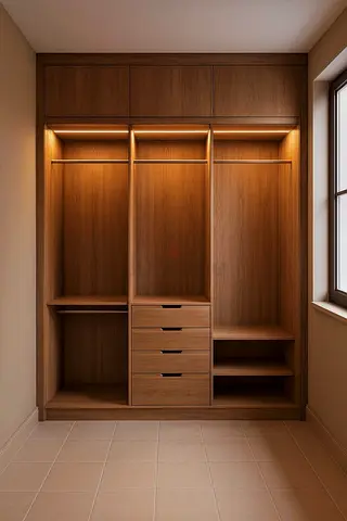 Stylish Wooden Wardrobe with Shelves and Drawers