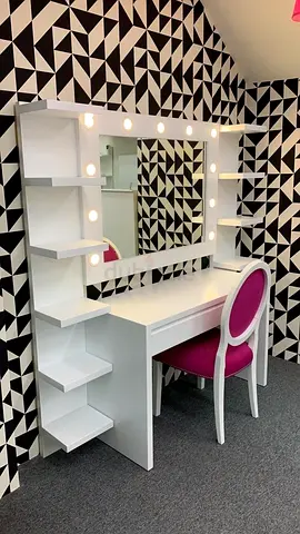 Glamorous White Vanity Desk with LED Lights and Shelves