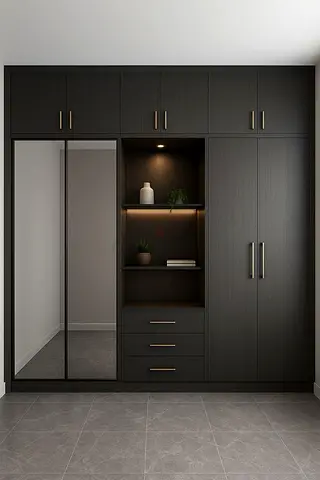 Sleek Modern Wardrobe with Shelves and Mirror