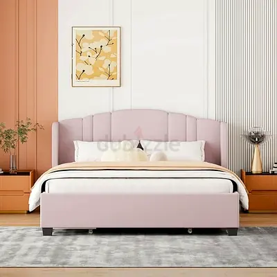 Upholstered Platform Bed with Wingback Headboard and 4 Drawers, No Box Spring Needed, Linen Fabric,