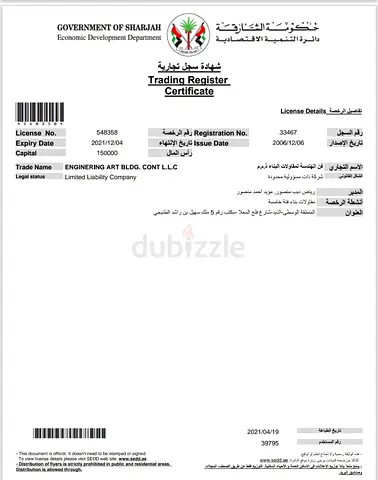 Trading Register Certificate for Engineering Art BLDG. CONT LLC