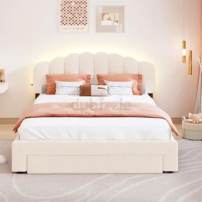 Queen Size Bed Frame Upholstered Platform Bed Frame w/ Headboard  Drawer Beige