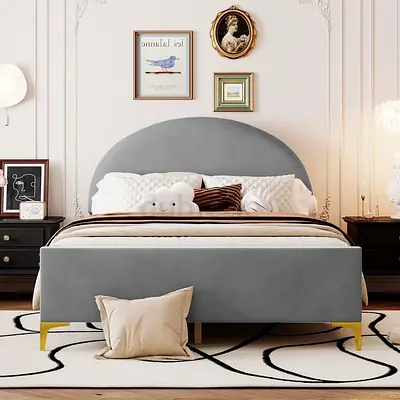Classic Semi-circle Shaped Upholstered Full Size Platform Bed with Mental Legs