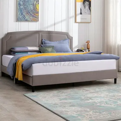 Modern Upholstered Bed Frame with Nailhead Trim Headboard