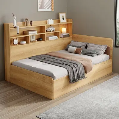 Modern Wooden Bed with Storage and Shelves