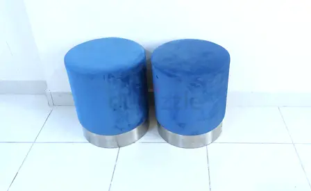 Pair of Elegant Blue Fabric Ottoman Stools with Metallic Base