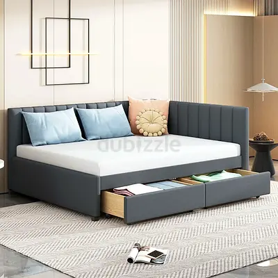 Full Size Upholstered Daybed with 2 Storage Drawers,Semi-Closed Design