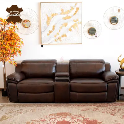 Leather 2 Seater Sofa with Power Recliner and 1 Console – Dark Brown