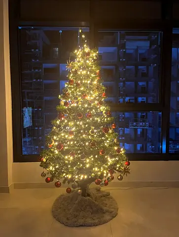 Christmas tree, lights and decorations