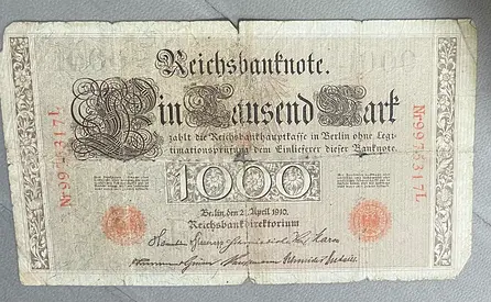 1910 German Empire 1000 Mark Reichsbanknote – Authentic Vintage Paper Money – Circulated Condition