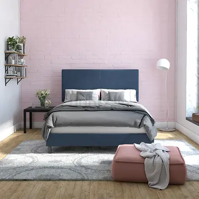 Upholstered Bed, Queen, Navy Blue Linen