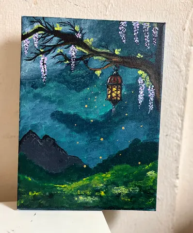 Hand-painted nightscape — glowing lantern under a starry sky. Bring calm and beauty to your wall.