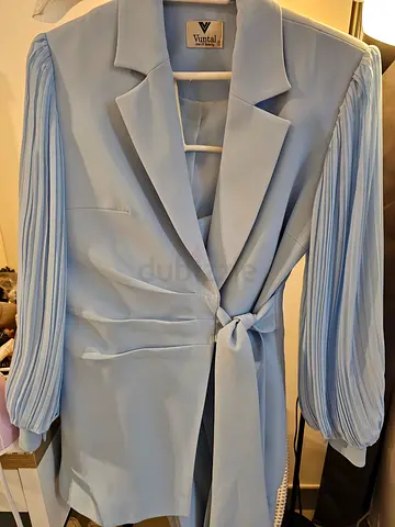 Light Blue Suit (Blazer and pants) with Stylish Pleated Sleeves