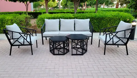 Elegant Black Metal Outdoor Garden Sofa Set with Two Tables