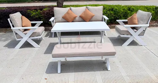 high-quality white aluminium outdoor sofa seating set, with a big table