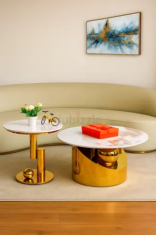Luxury Round Coffee Table Set – White Gold Center Table  Side Table For Small Spaces