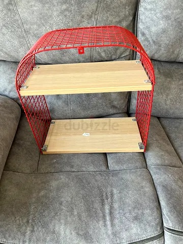 Stylish Red Wire Wall Shelf with Wooden Shelves