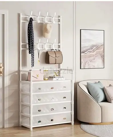 Modern White Storage Rack with Hooks and Drawers