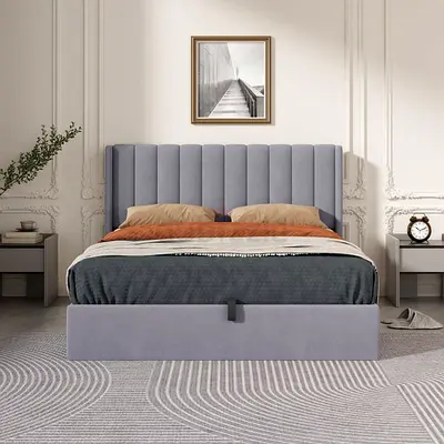 Stylish Grey Upholstered Bed with Storage