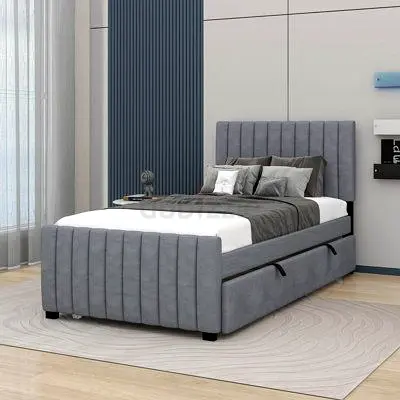 Stylish Grey Upholstered Bed with Storage