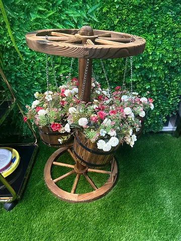 Charming Wooden Wheel Planter with Flowers